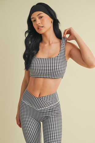 girly gingham sports bra -BLACK