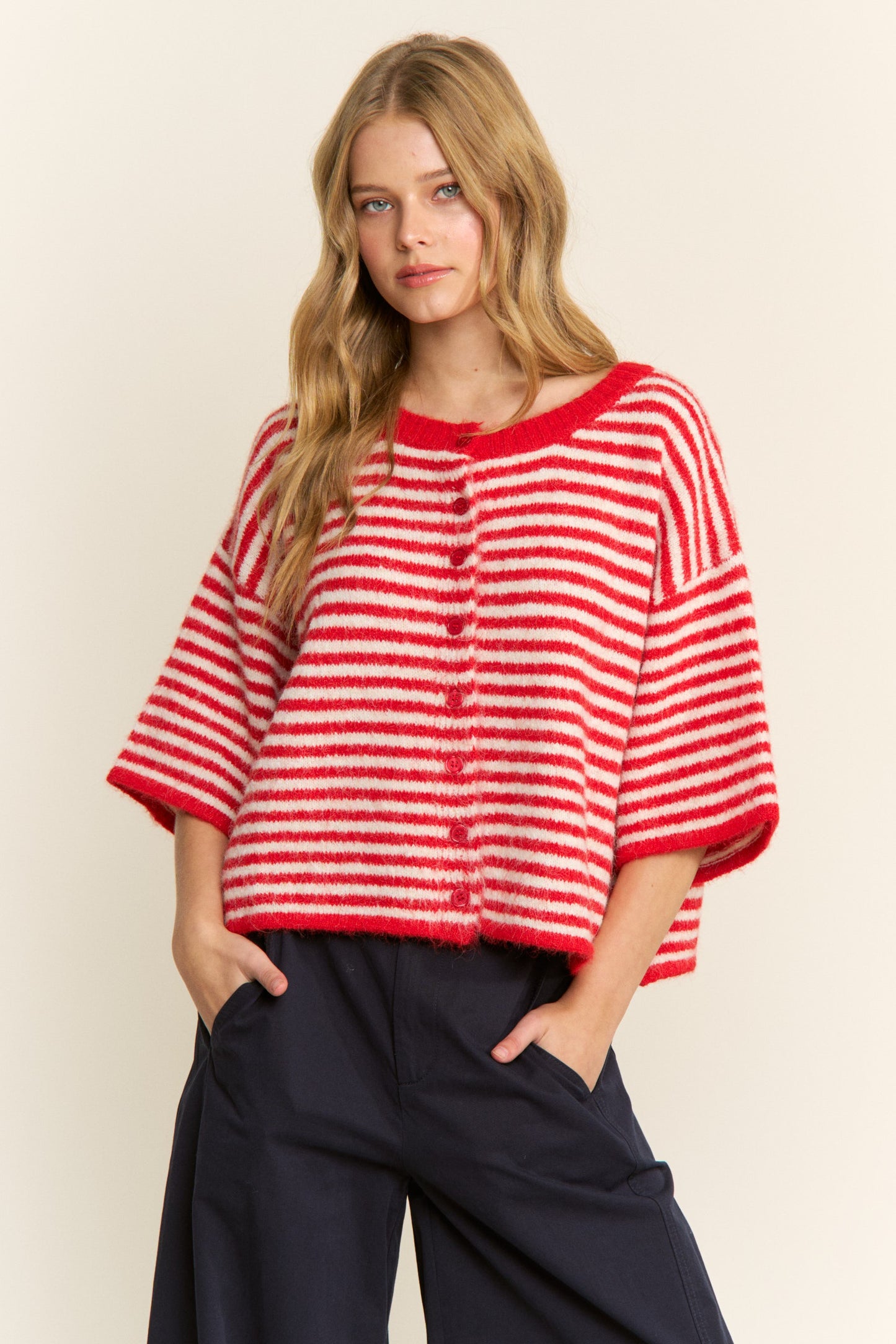 berry red cardigan