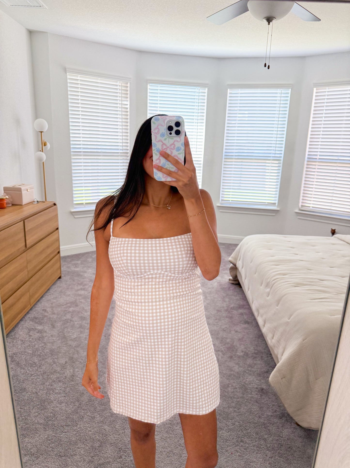 girly gingham athletic dress -TAN