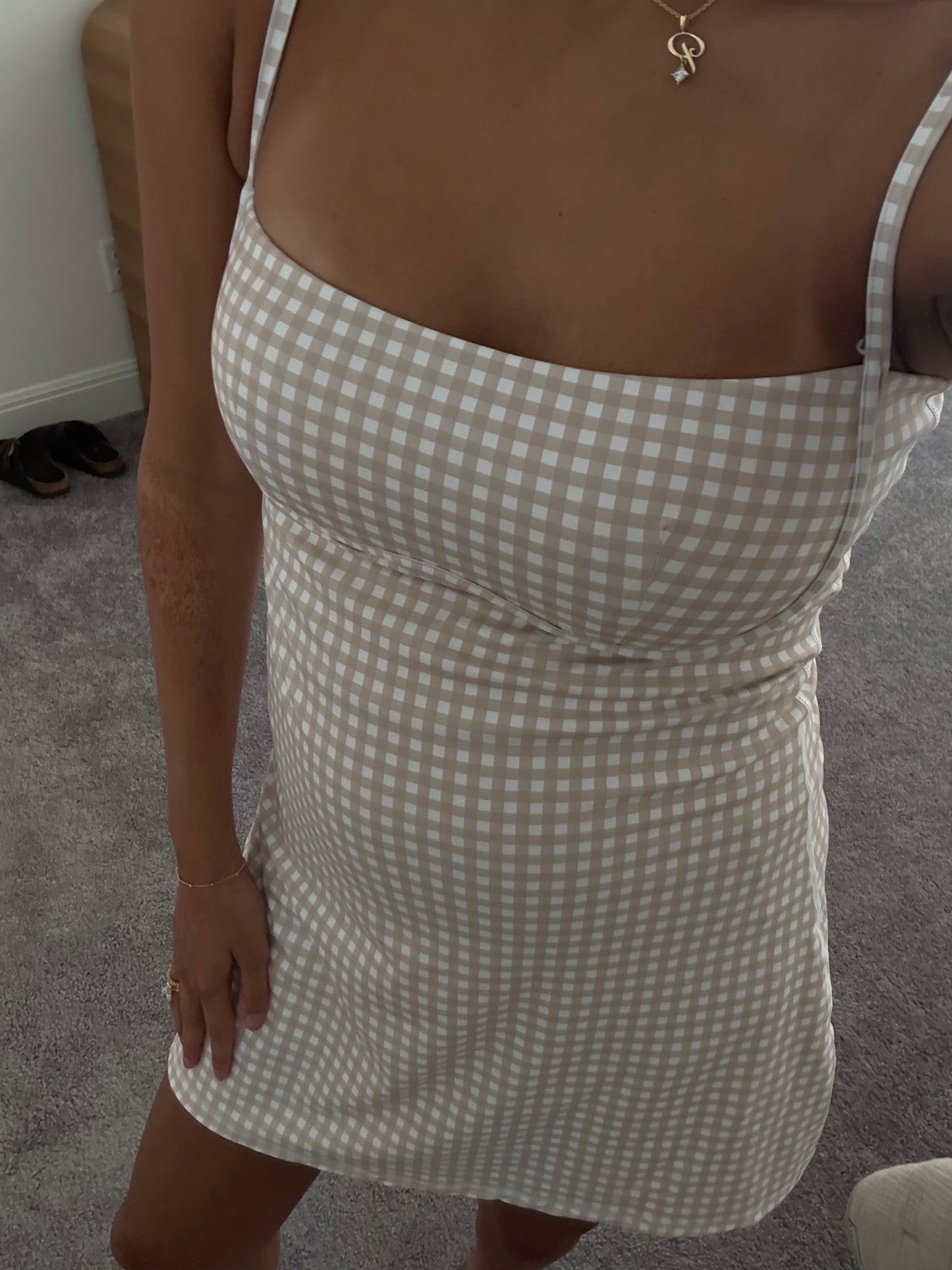 girly gingham athletic dress -TAN