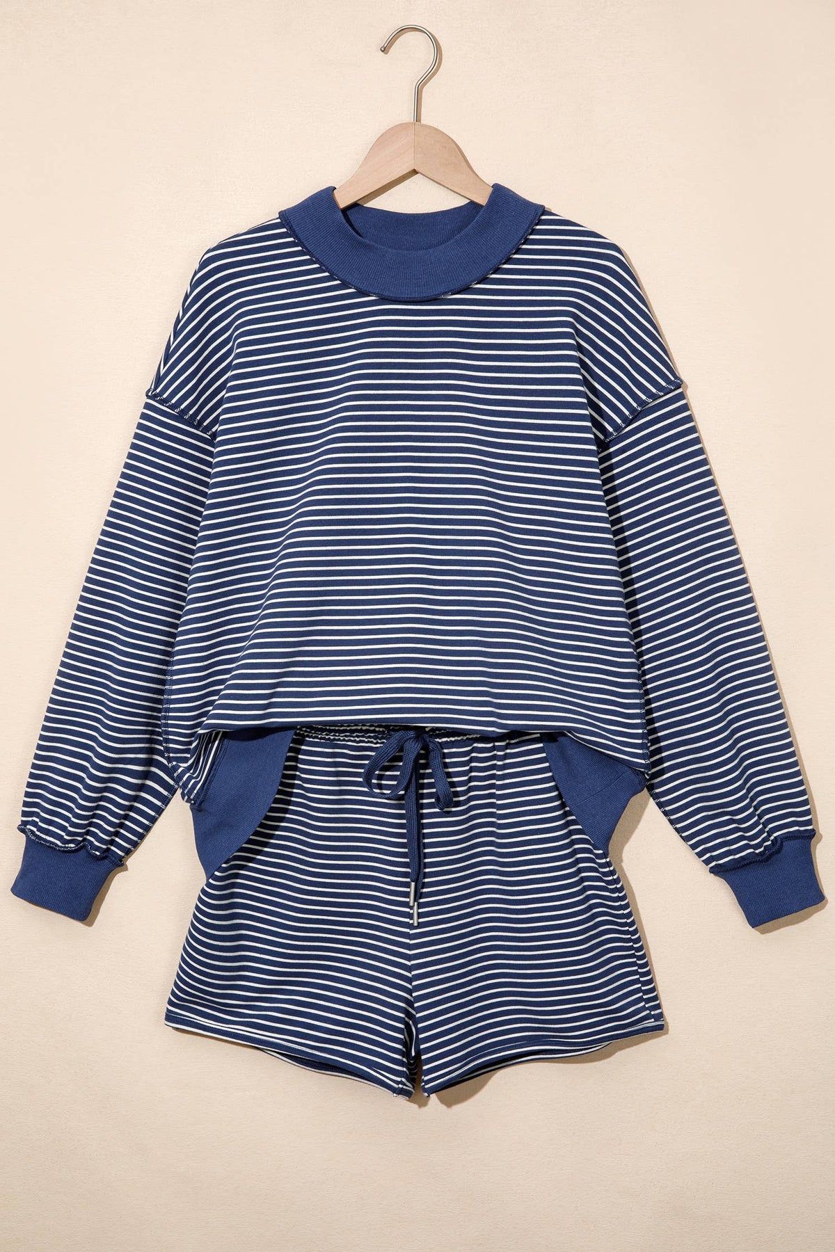Striped Mock Neck Shorts Set: Blue