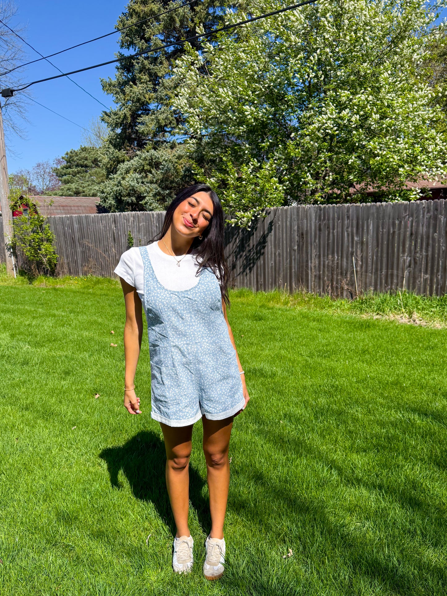 white floral denim overalls