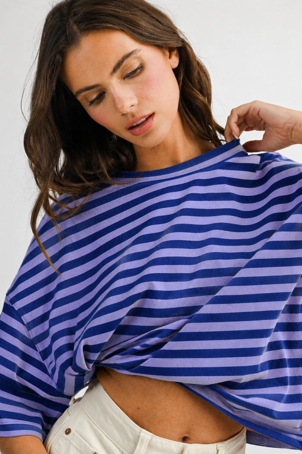 Oversized Boyfriend Striped Tee: Navy+Lavender