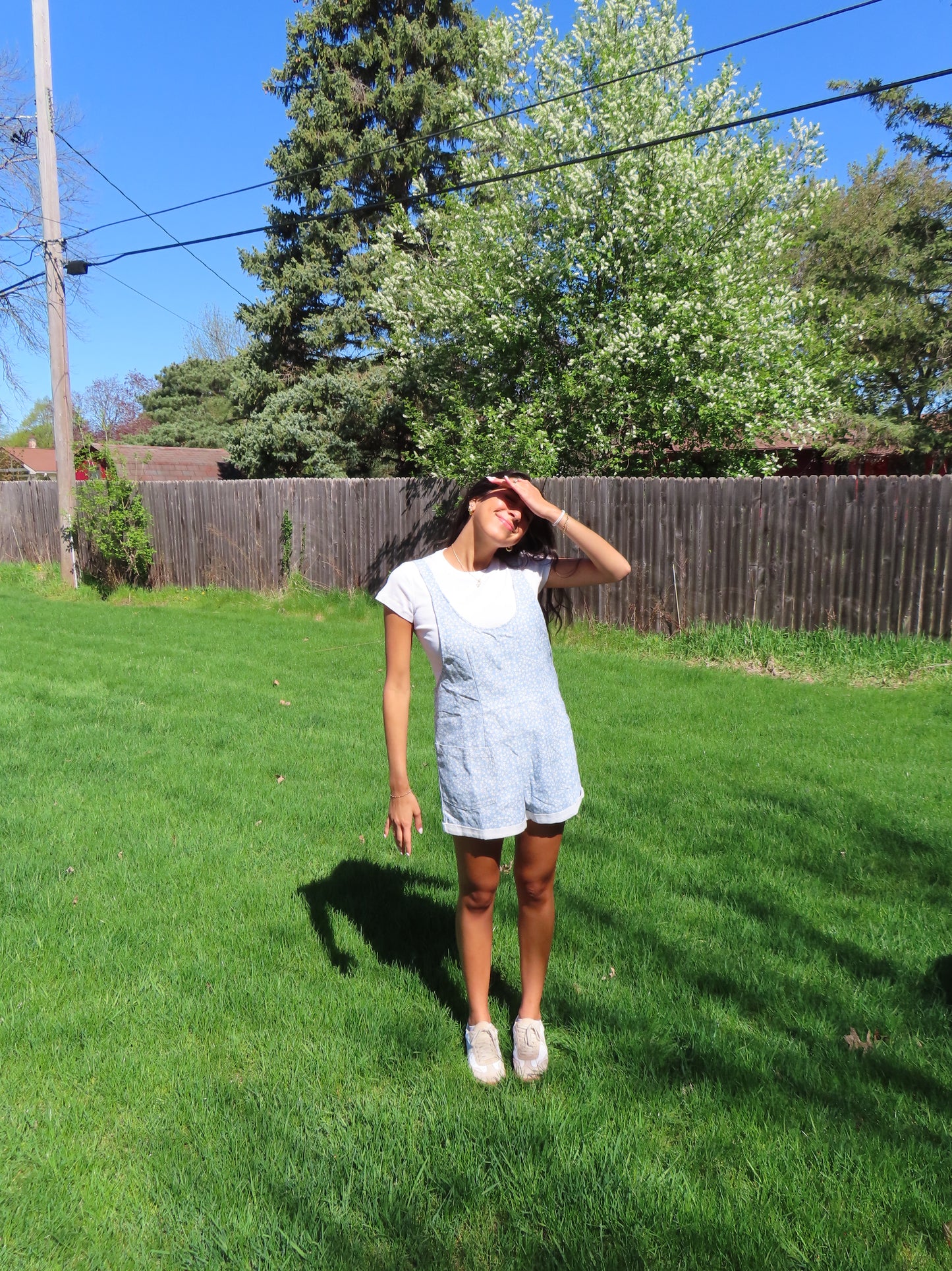 white floral denim overalls