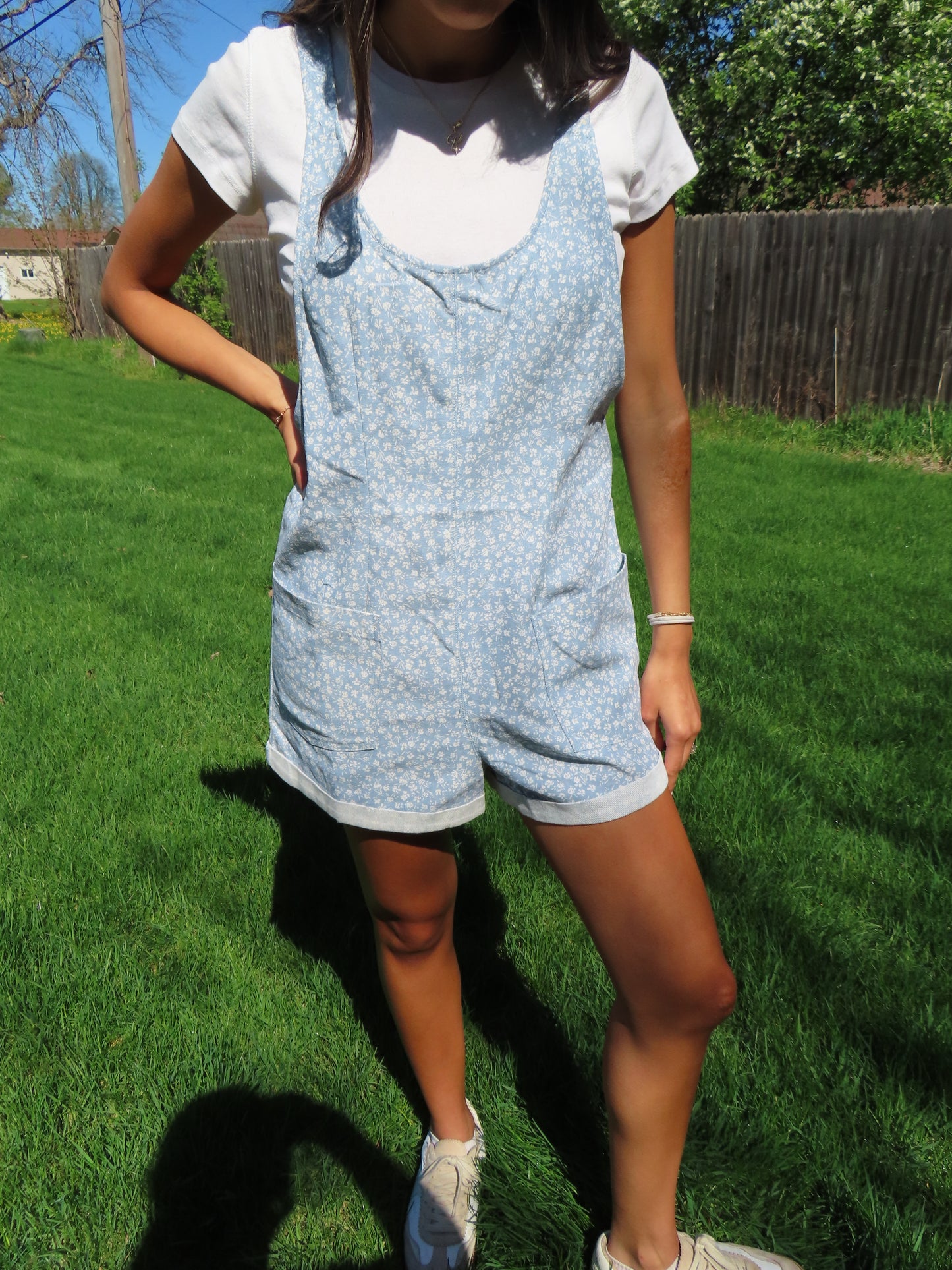 white floral denim overalls