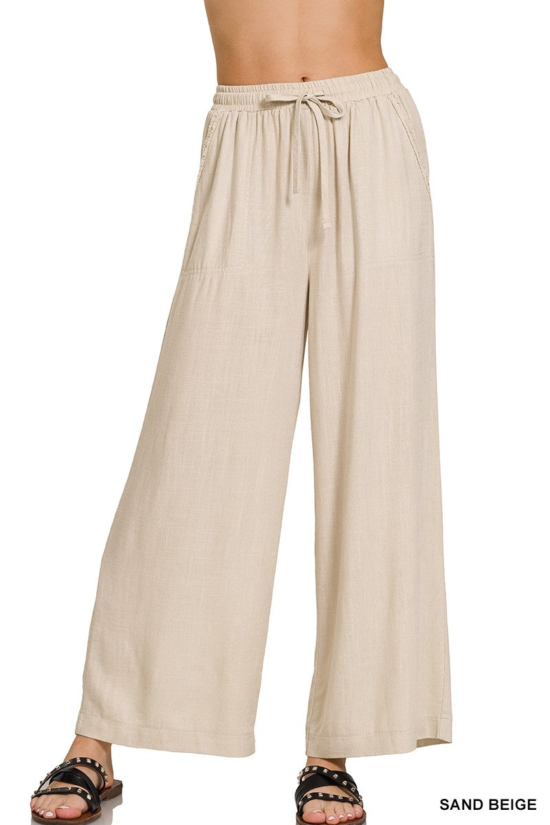 beachy linen pants -BEIGE