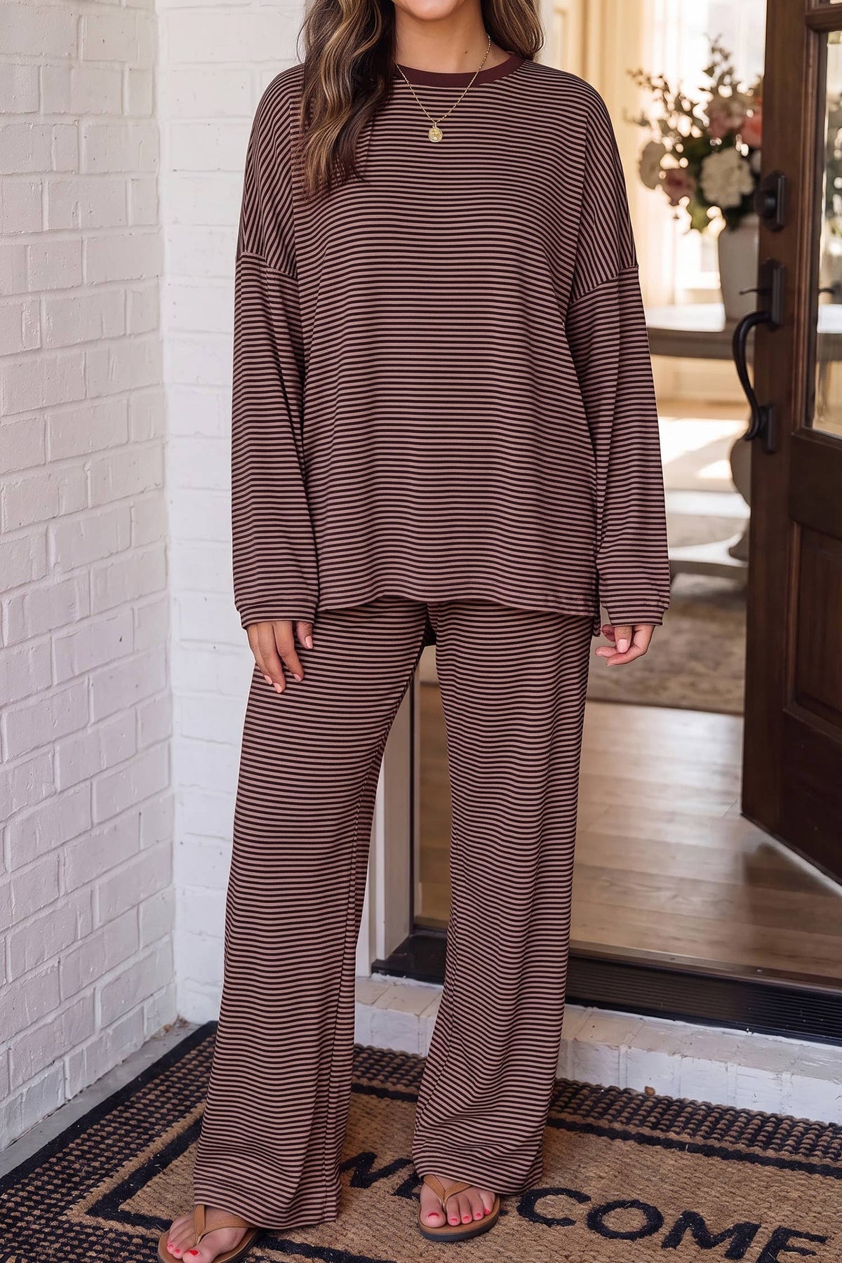 Striped Oversize Casual Lounge Set: Merlot