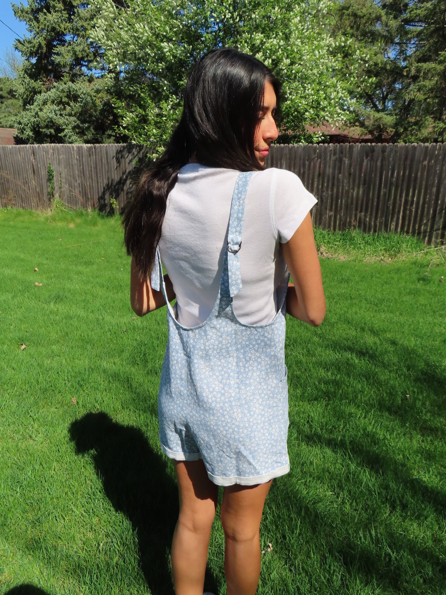white floral denim overalls