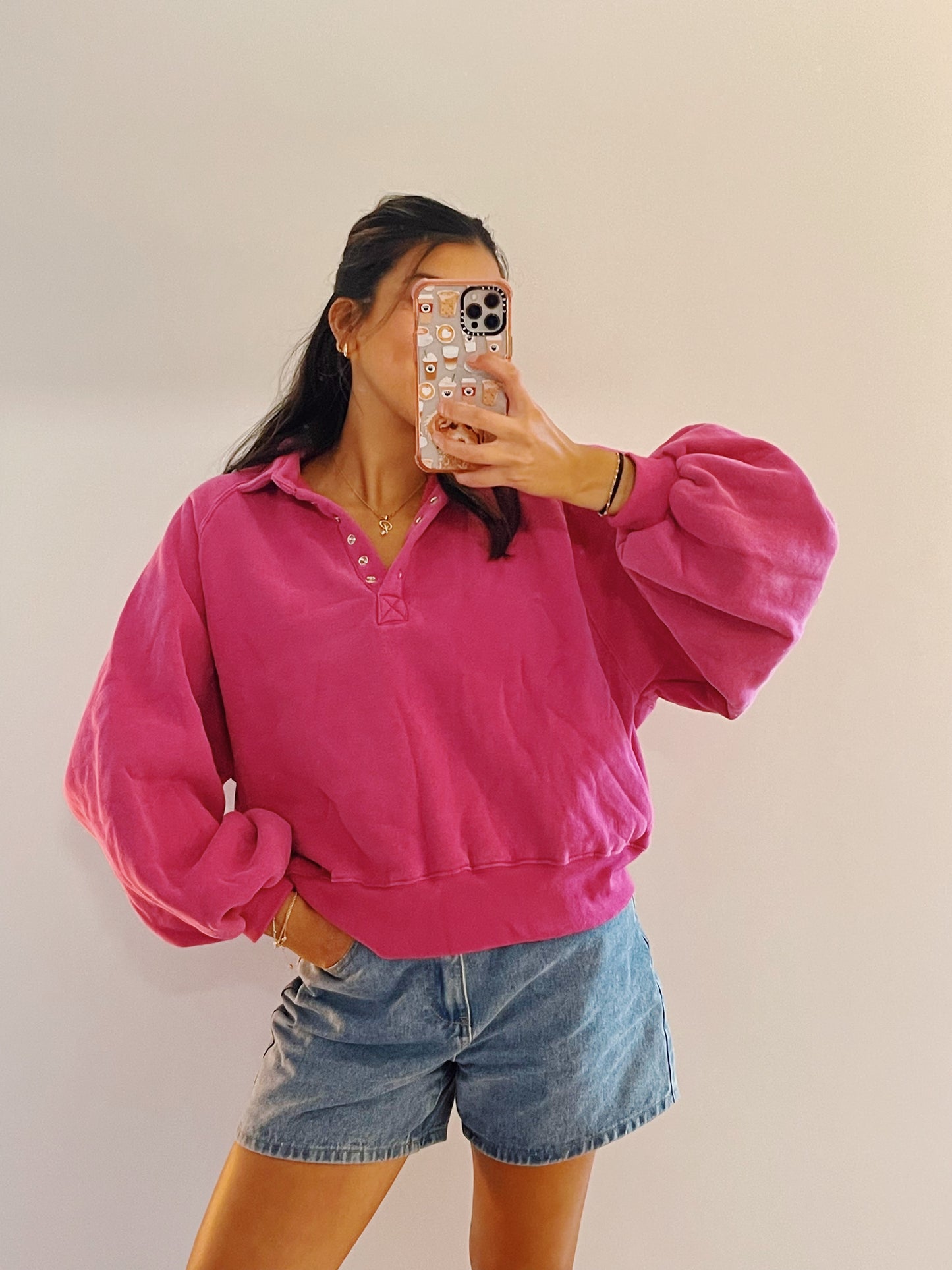 piper button up pullover -FUCHSIA 1 LEFT