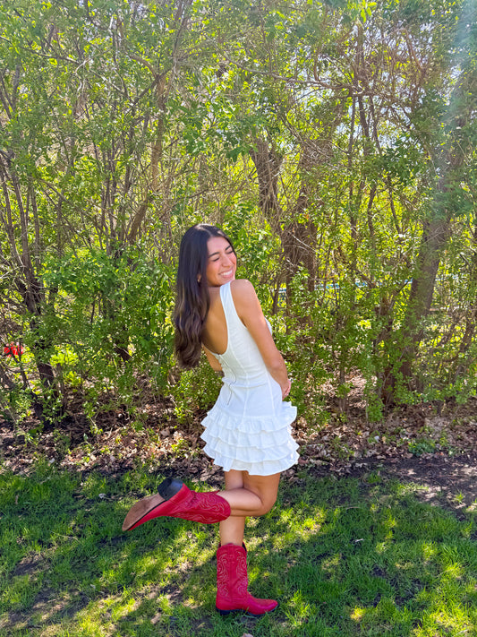 country denim ruffle dress