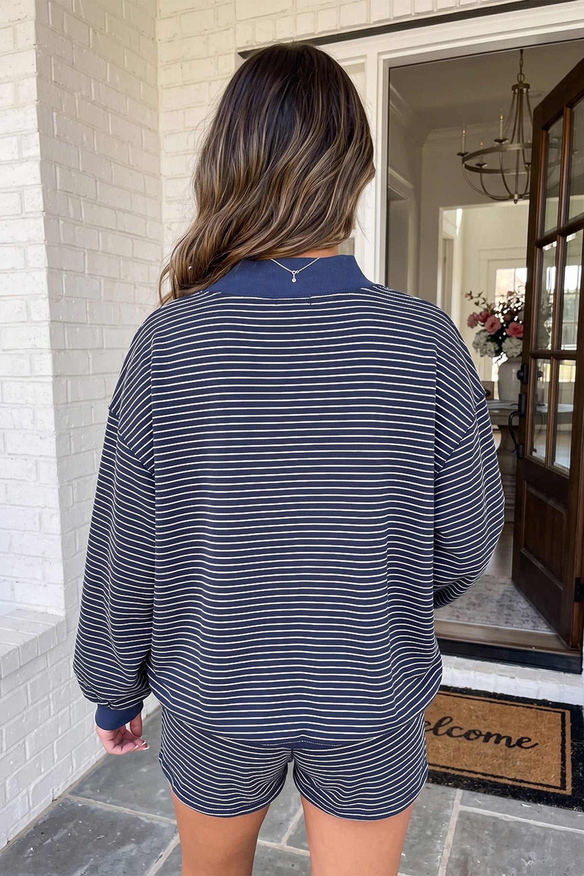 Striped Mock Neck Shorts Set: Blue
