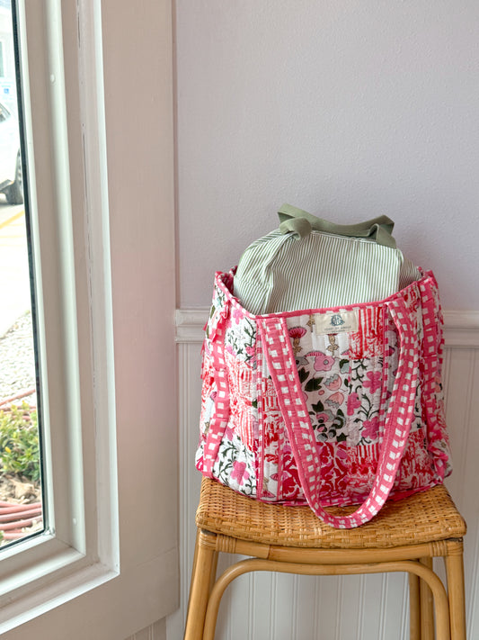 pink petals quilted bag -LARGE