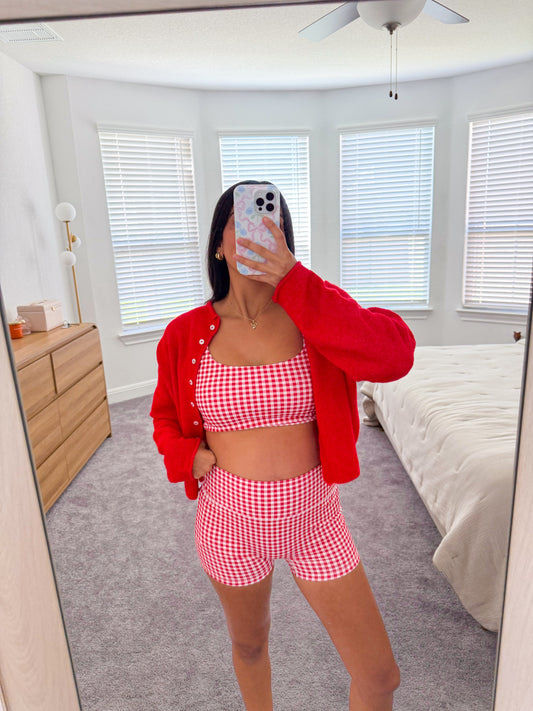 girly gingham sports bra -RED