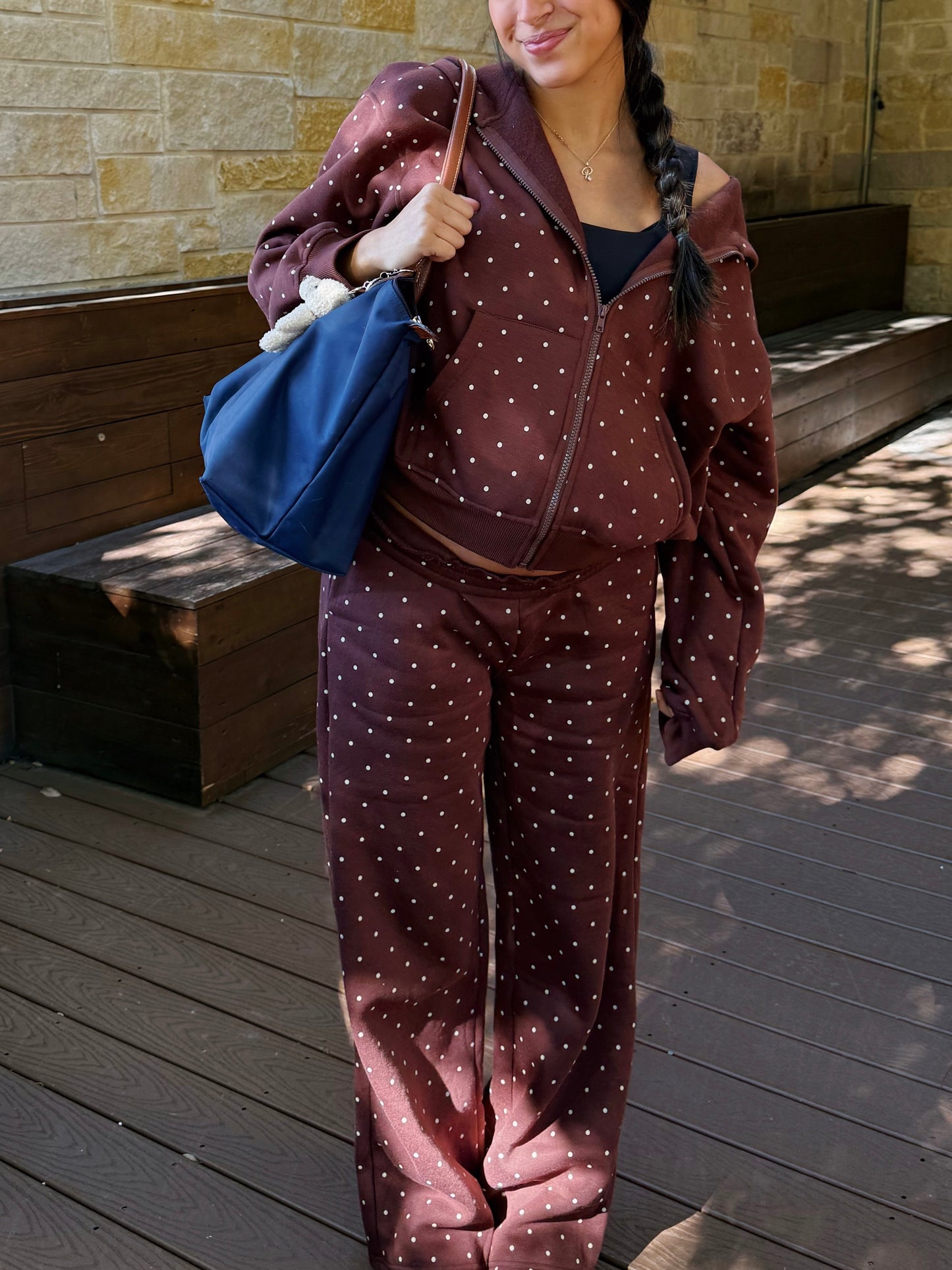 brown polka dot zip up