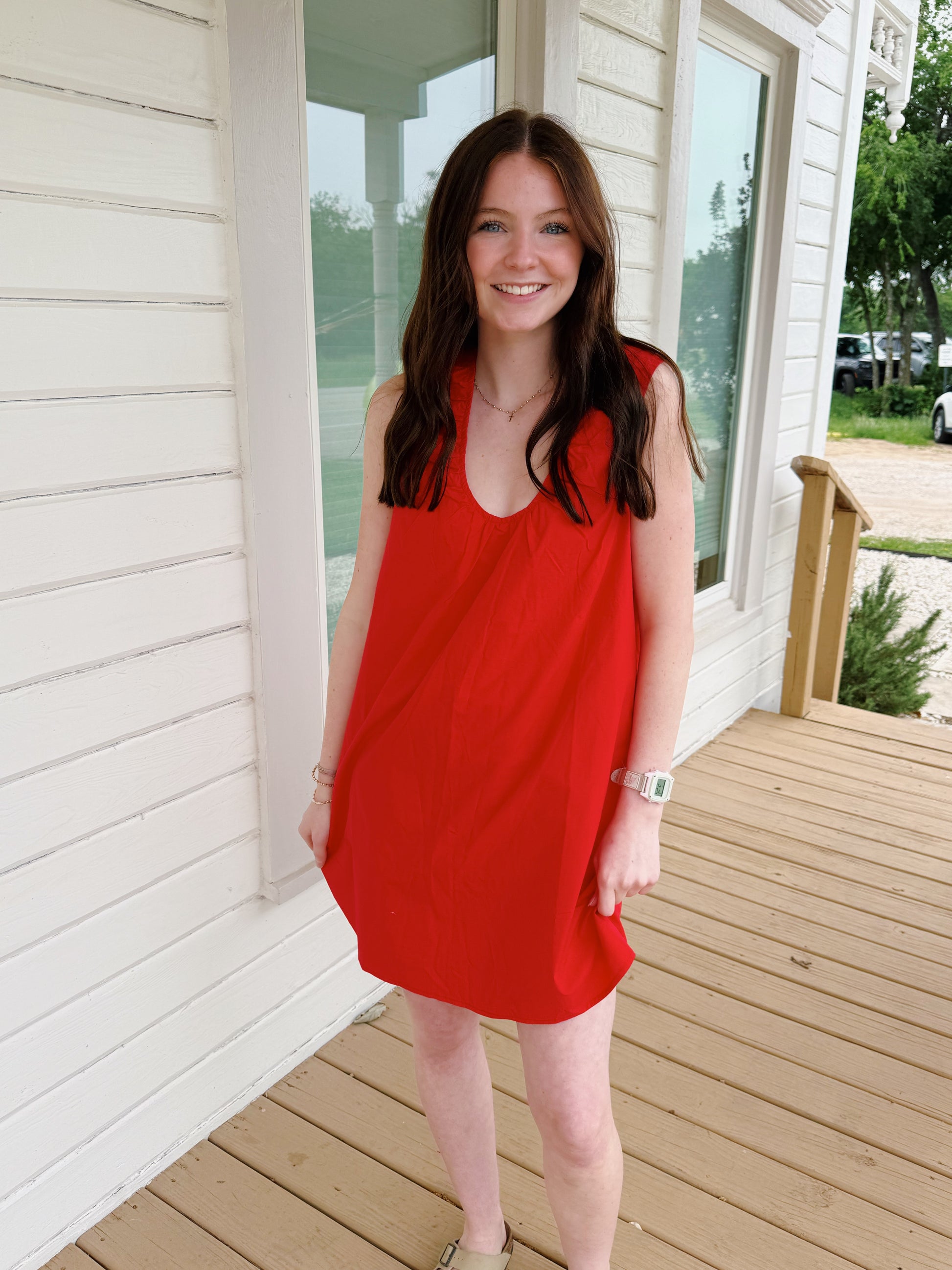 babydoll dress red All Wrapped Up Bow Mini in Plaid Red colored sleeveless mini dress linen fabric ruffled straps and top hem round neckline with tie detail pockets side zipper closure 60% linen Fifteen Twenty Women's Stacia Babydoll