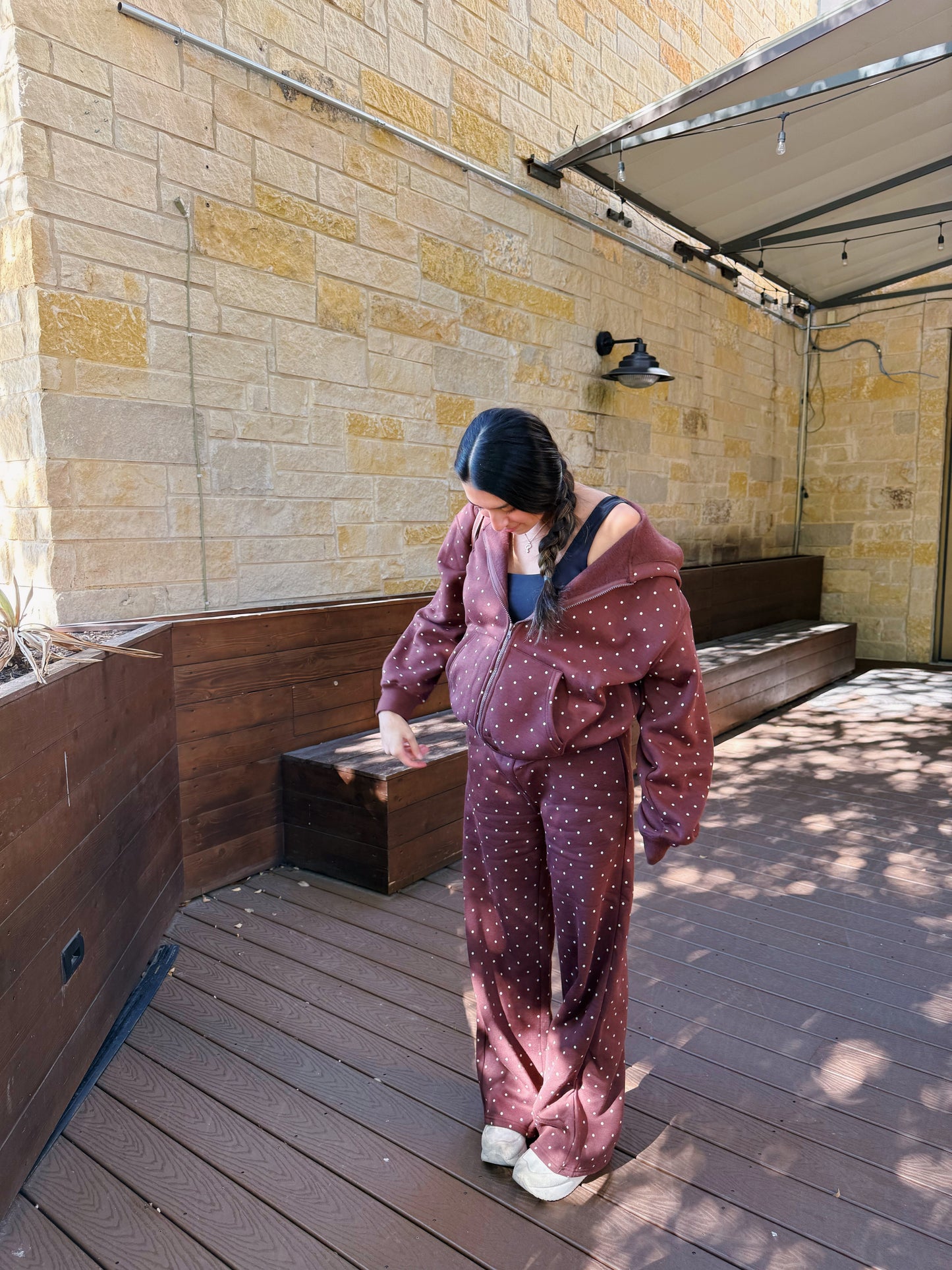 brown polka dot zip up