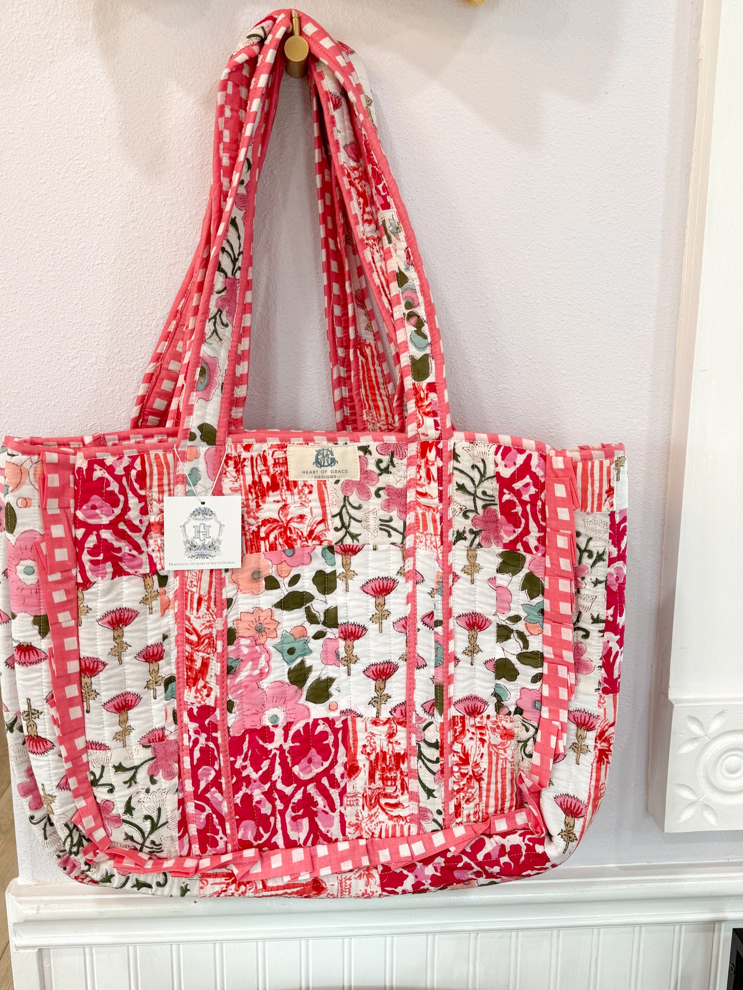 pink petals quilted bag -LARGE