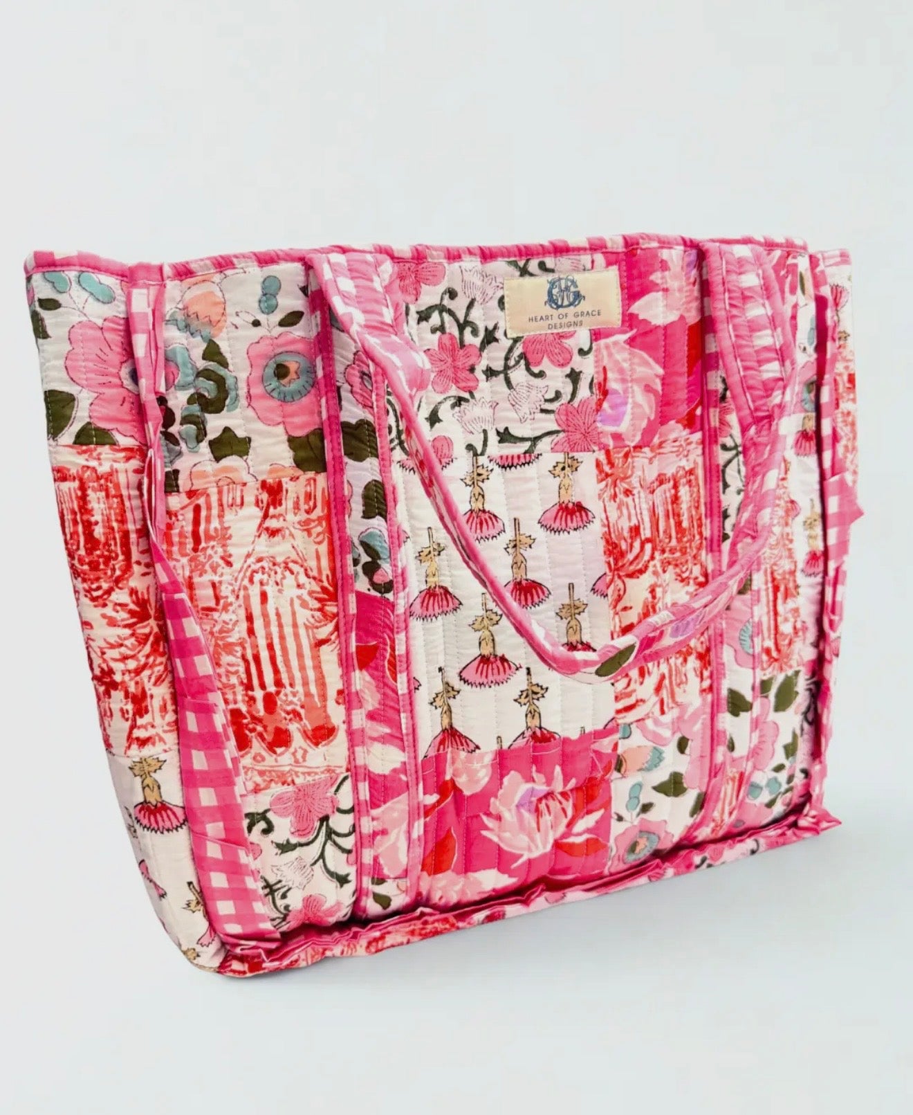 pink petals quilted bag -LARGE