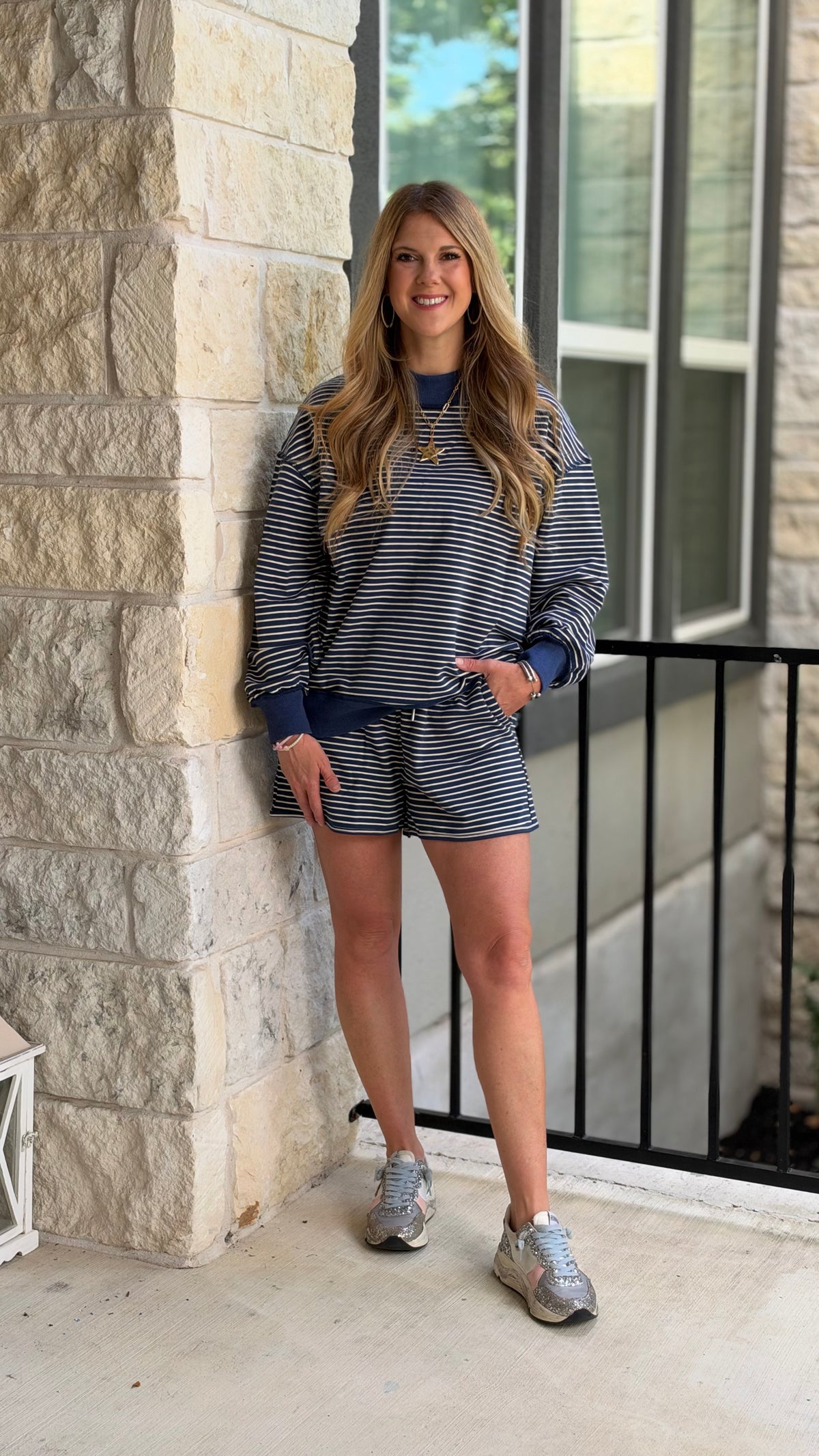 Striped Mock Neck Shorts Set: Blue