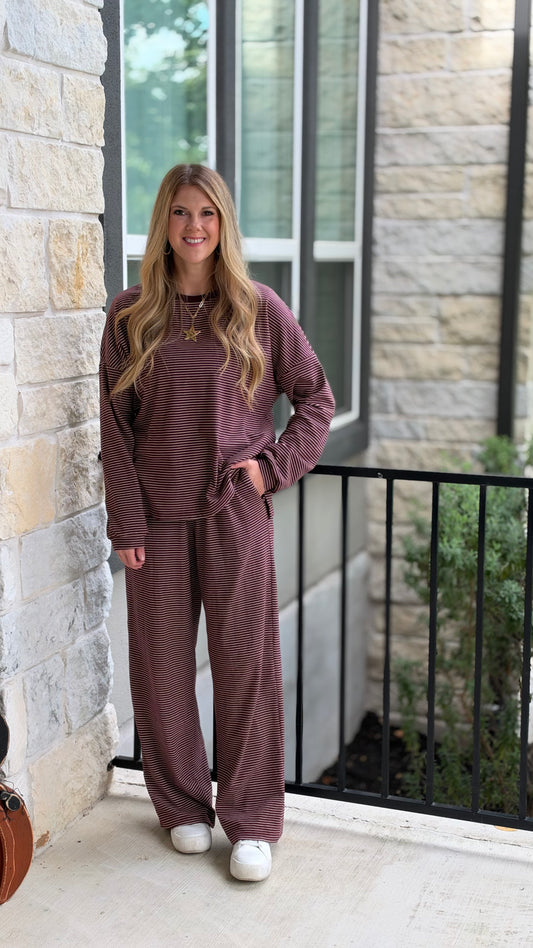 Striped Oversize Casual Lounge Set: Merlot