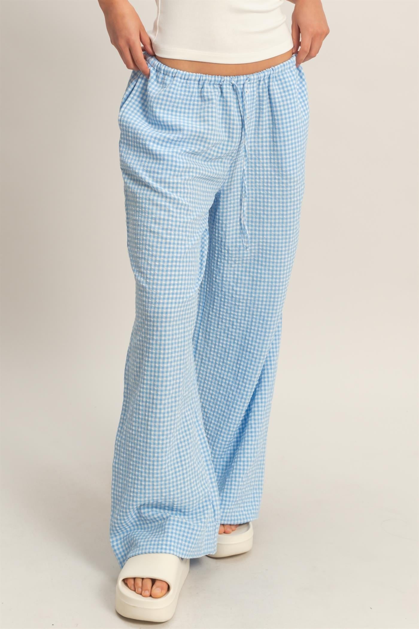 gingham drawstring pants -BLUE