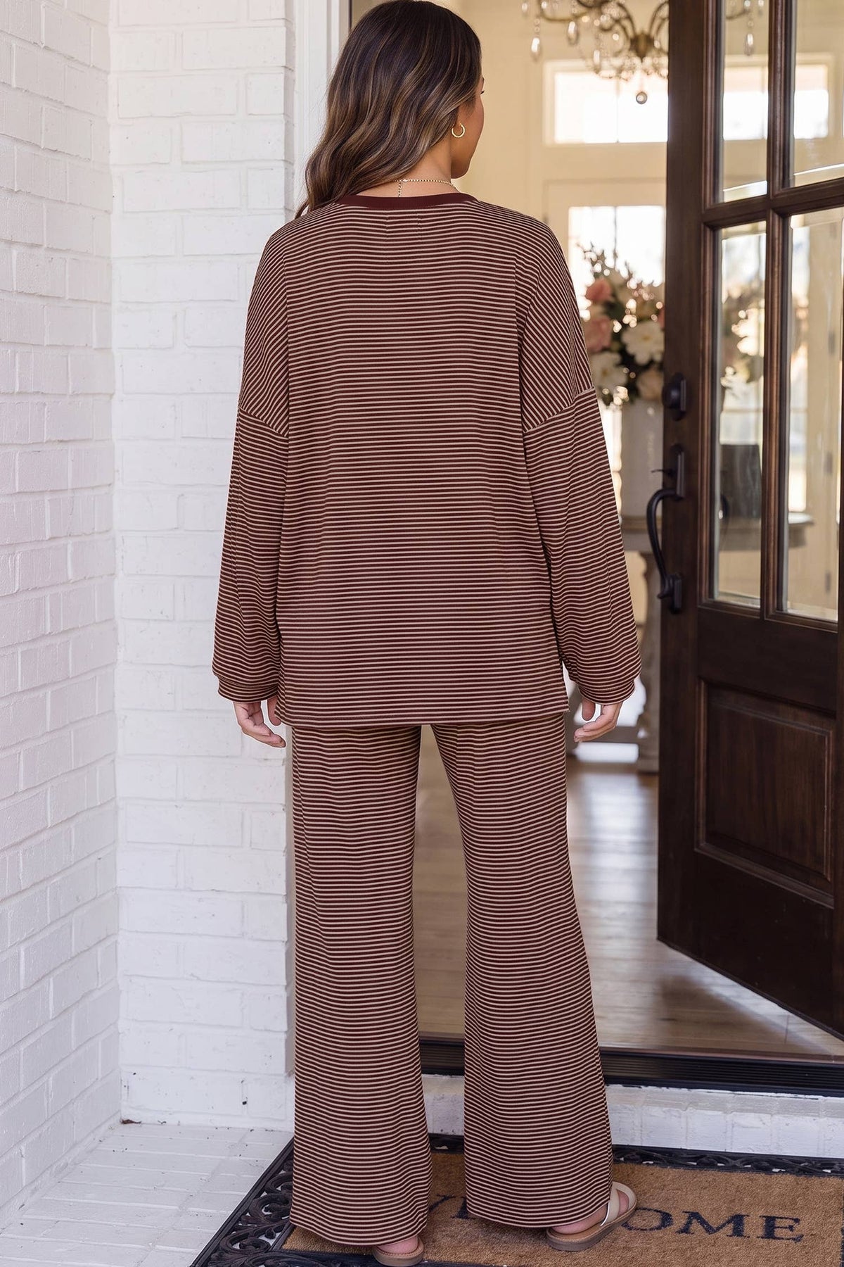 Striped Oversize Casual Lounge Set: Merlot