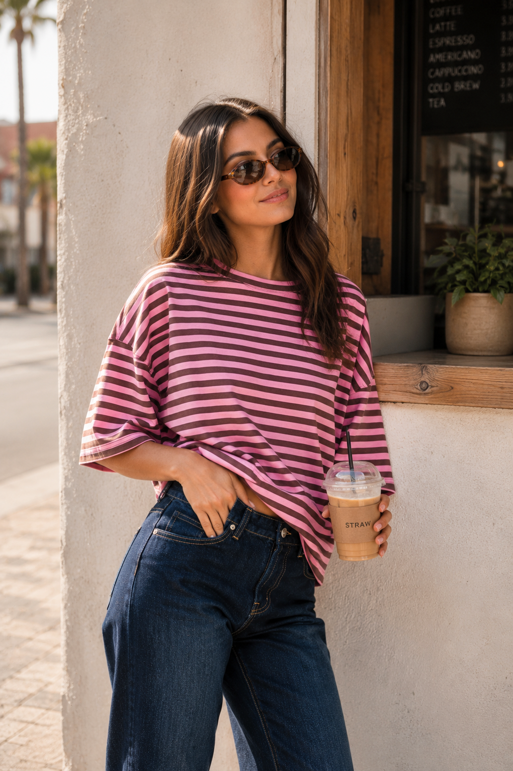 Oversized Boyfriend Striped Tee: Chocolate